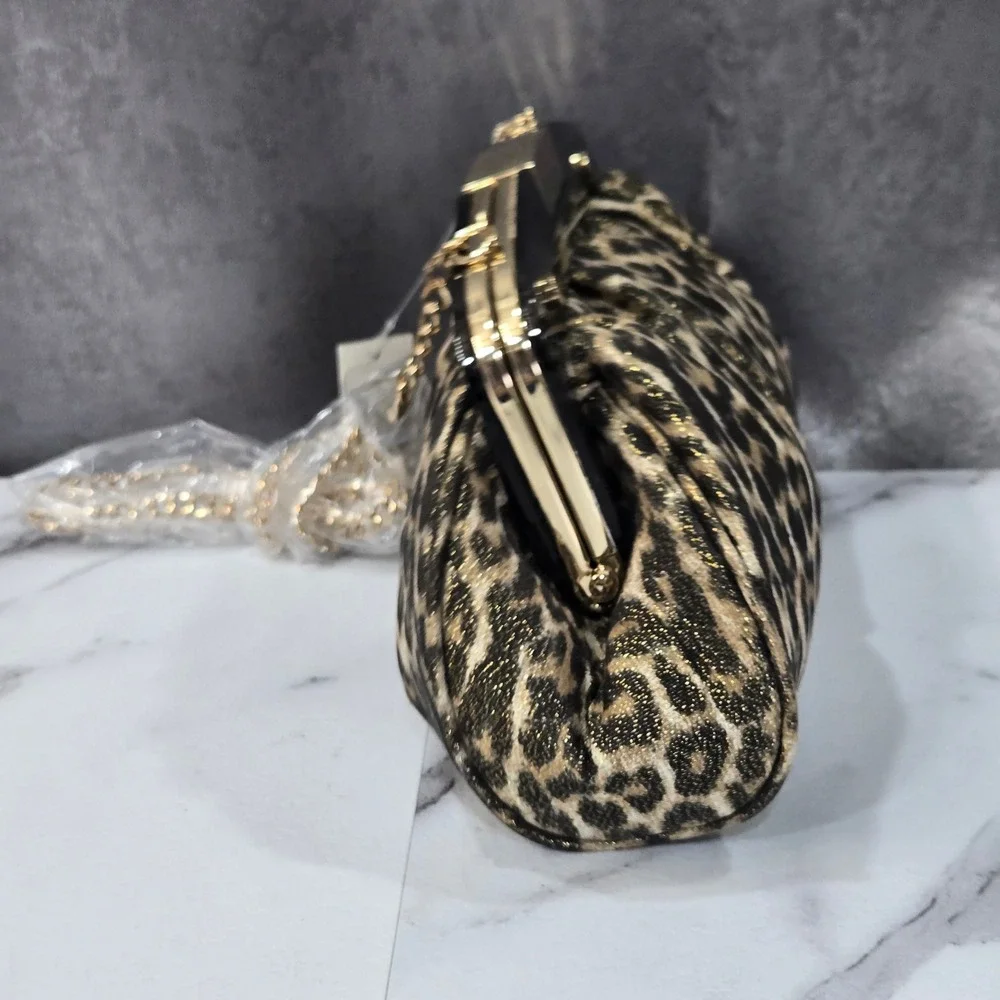 NWT Talbots Leopard Print Metallic Silk Blend Clutch Bag Gold Chain Cocktail